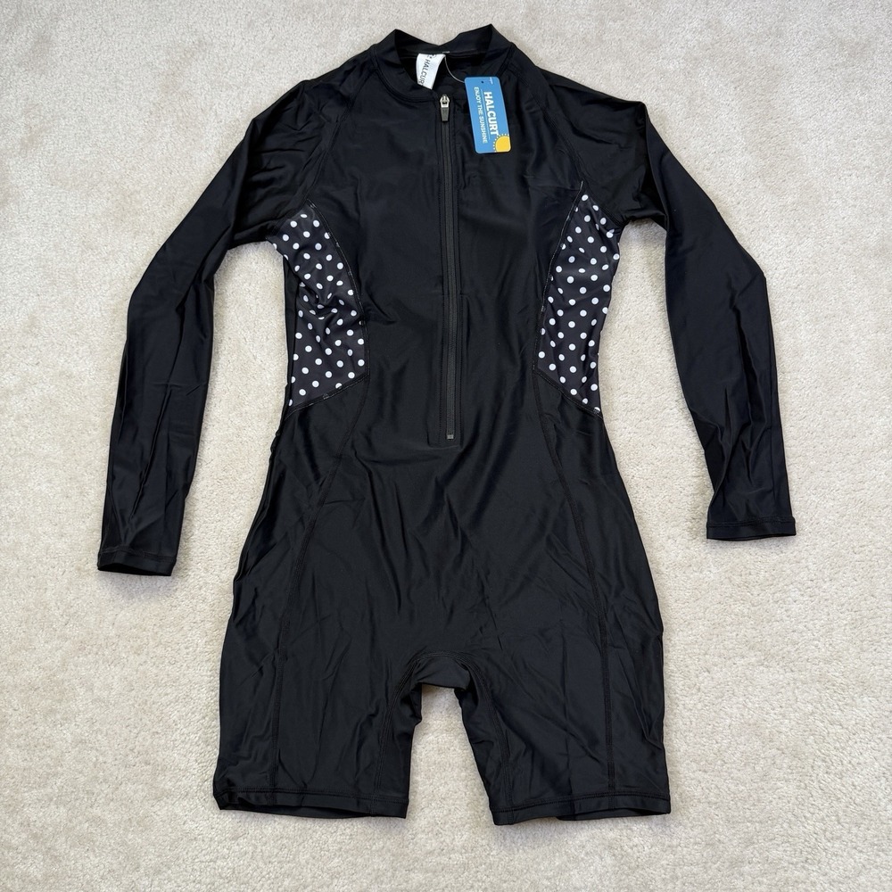 NWT Halcurt Boyleg One Piece Rash Guard Womens M Black Built-In-Bra Zip Up UPF50
